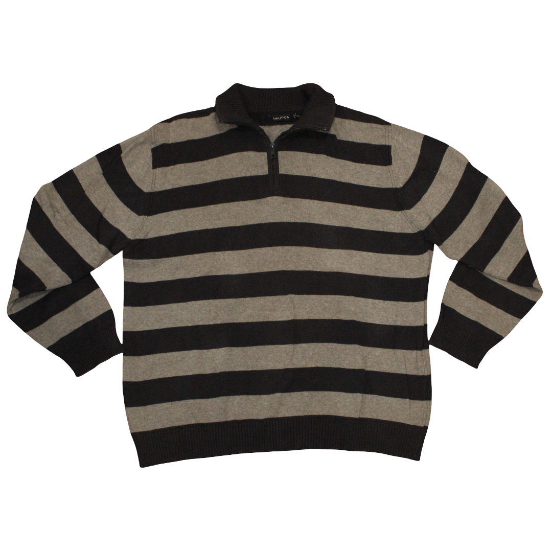 Vintage Black and Grey Striped Nautica Quarter-Zip 2XL